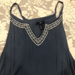 Blue tank with embroidered bottom and neckline